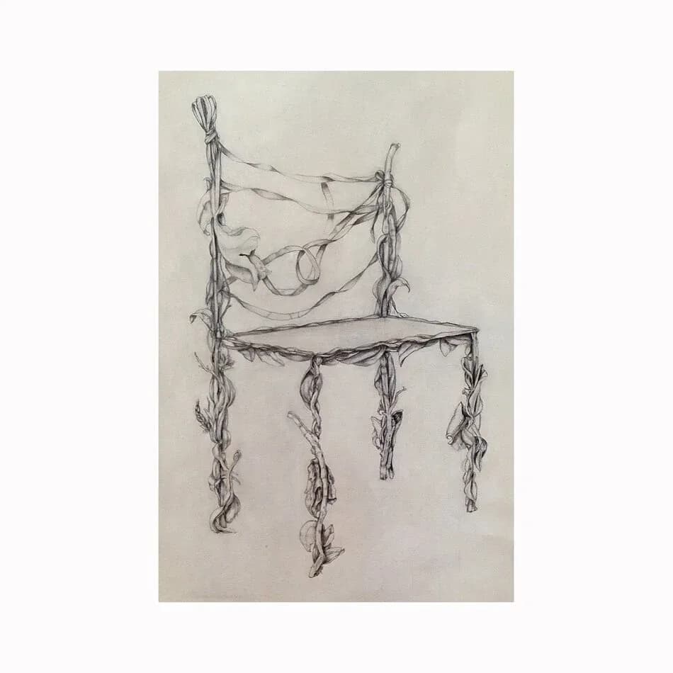 Ink drawing of a minimalist chair constructed from organic linear forms with dangling fibrous elements hanging from the legs and back.
