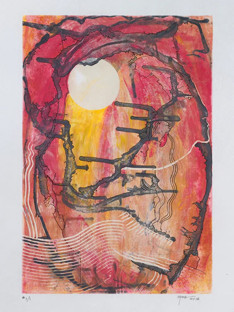 Abstract monoprint with red and orange tones featuring a white orb and dark branching forms