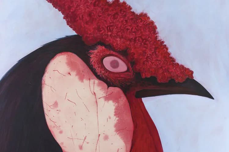 Painting of a rooster's head with deep red textured feathers and a pale pink face against a light blue background.