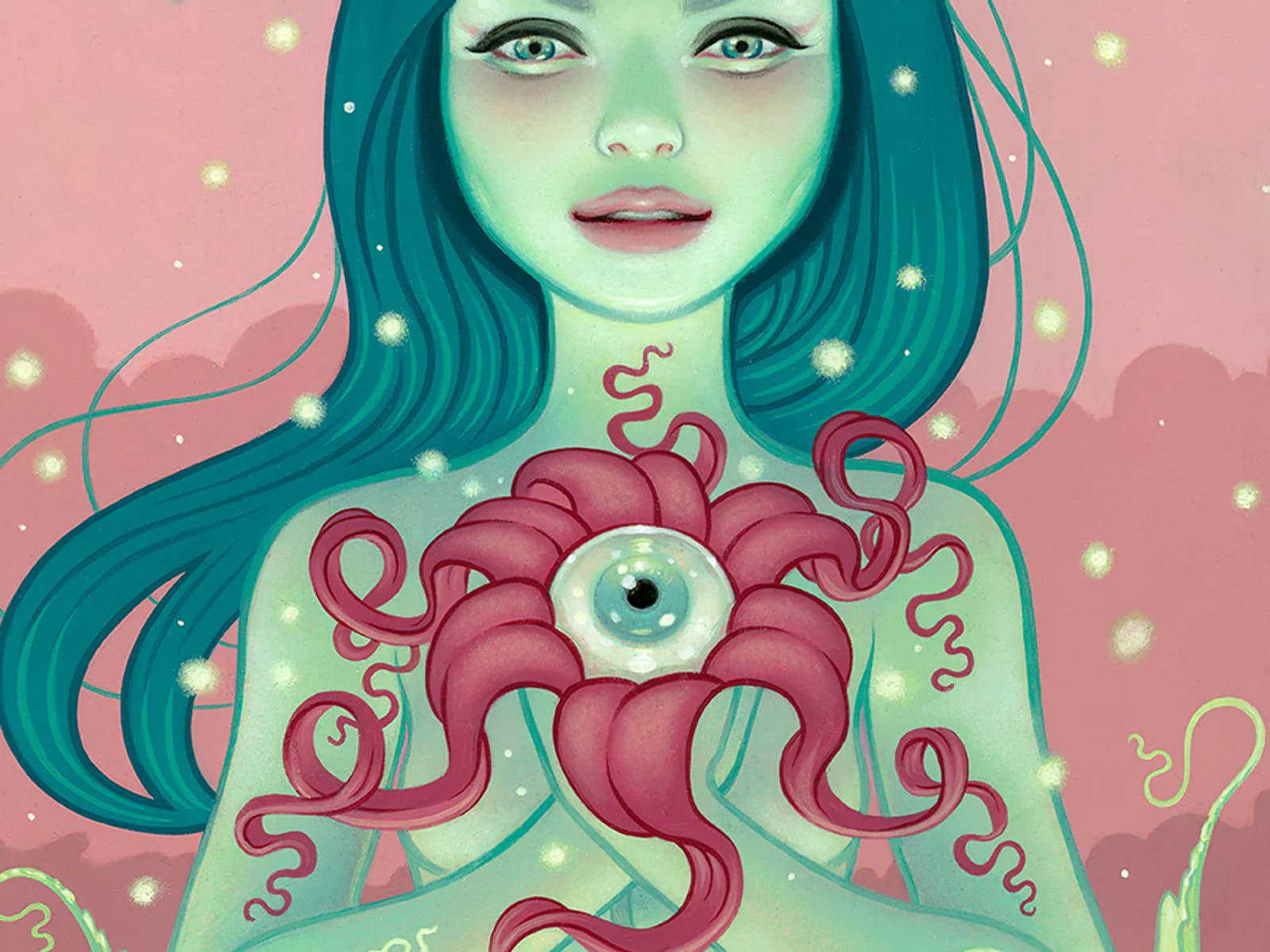Illustration of pale green-faced woman with teal hair and glowing eyes, decorated with pink tentacle-like form and luminous floating orbs on pink background.