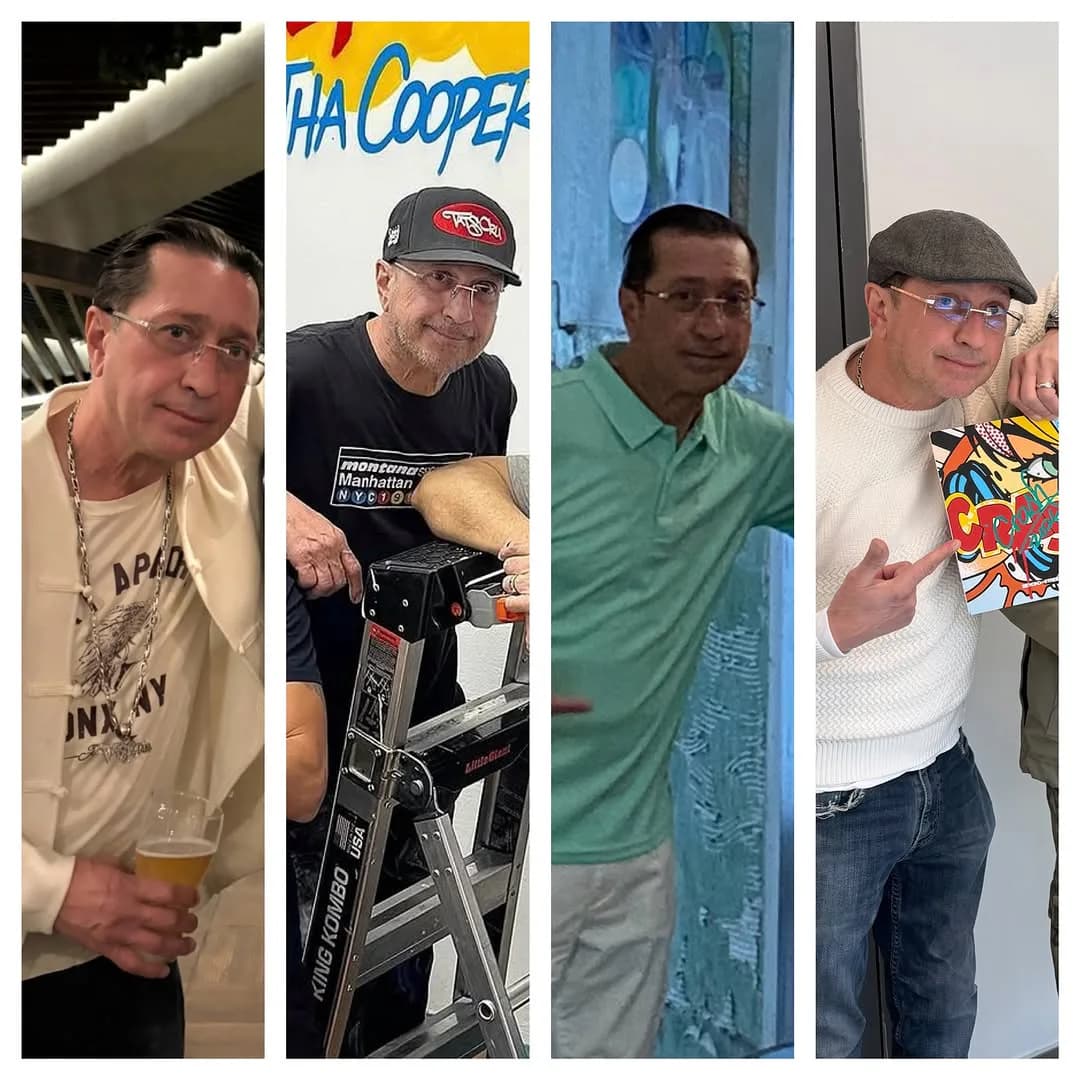 Four portrait photos of male artists wearing casual clothing and caps, smiling at camera in different settings.