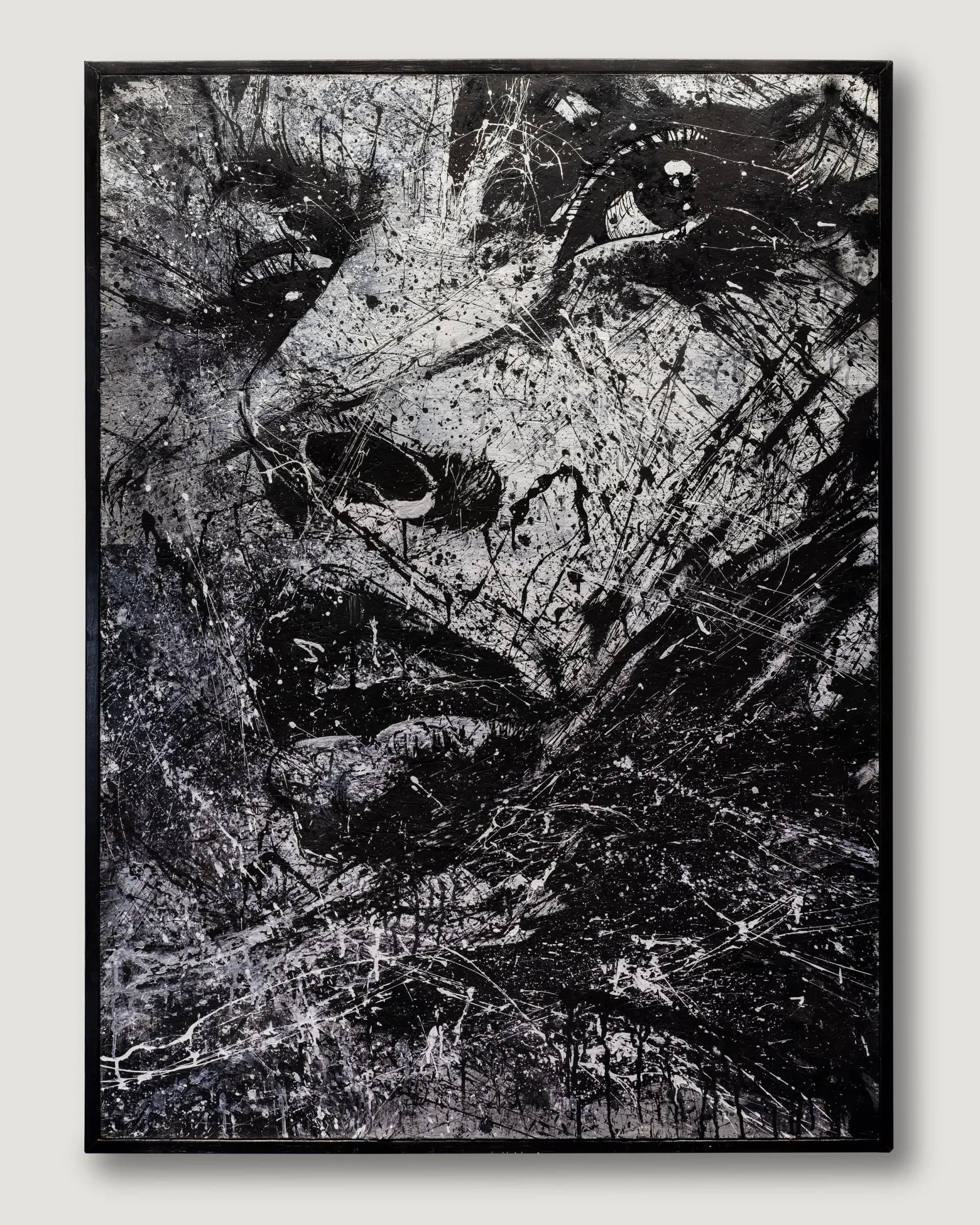 Black and white abstract figurative painting of a face with heavy paint splatter