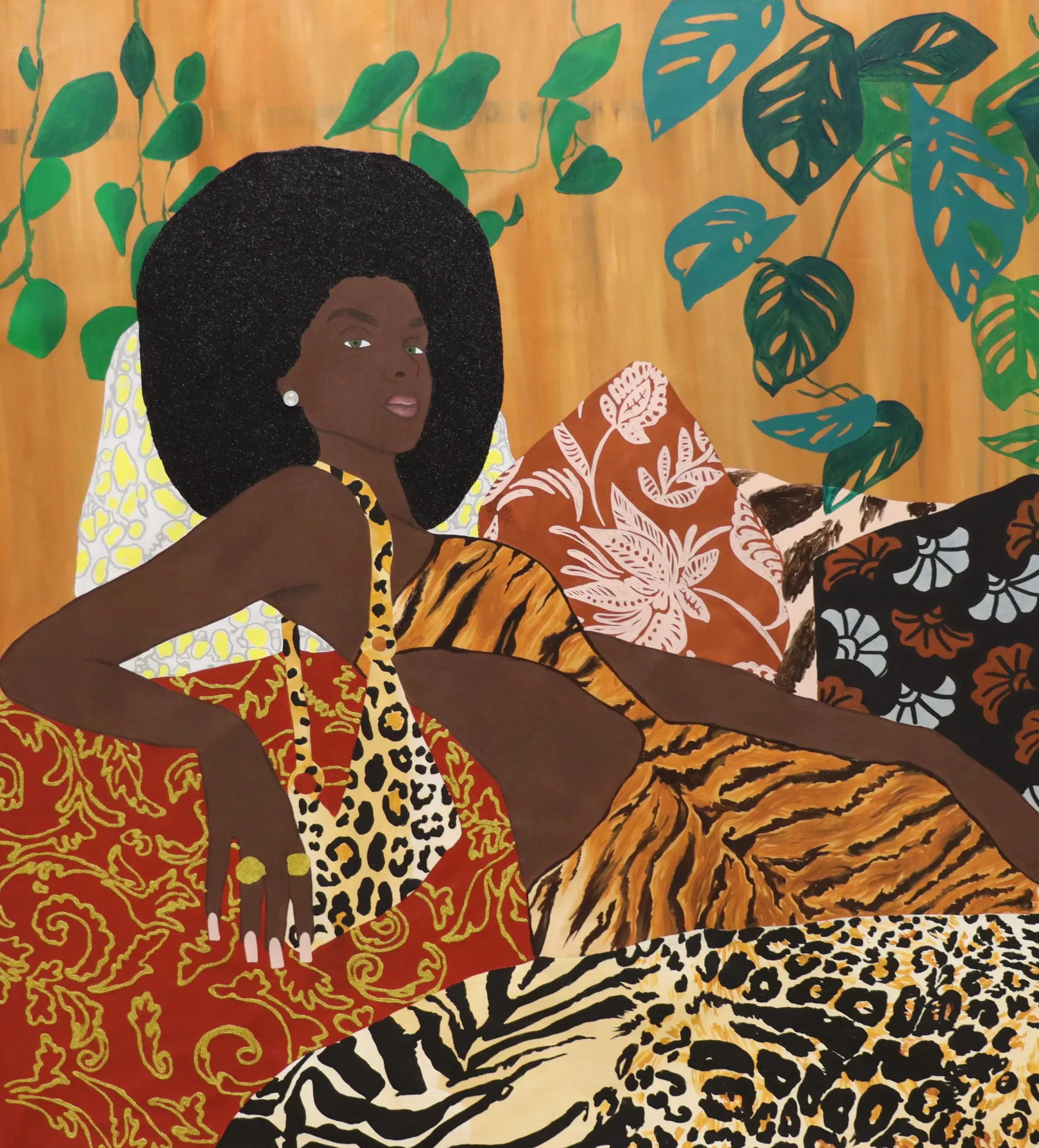 Illustration of a dark-skinned woman with natural afro hair reclining on patterned fabrics featuring animal prints and floral designs against a golden-yellow background with hanging tropical foliage.