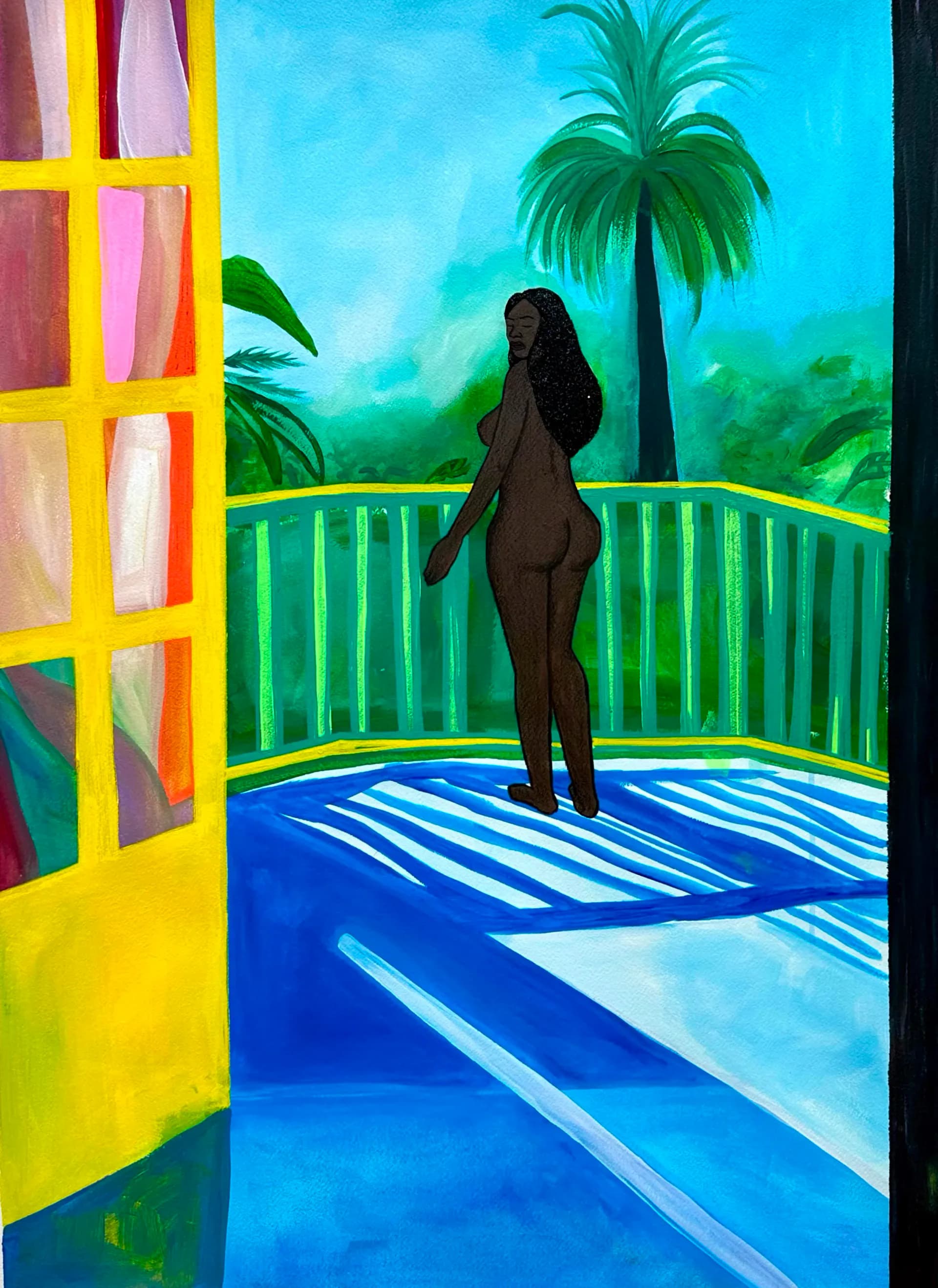 Painting of a dark-skinned figure standing on a balcony with green railings overlooking a tropical landscape with palm trees and blue sky, beside a bright yellow window with colorful panes.