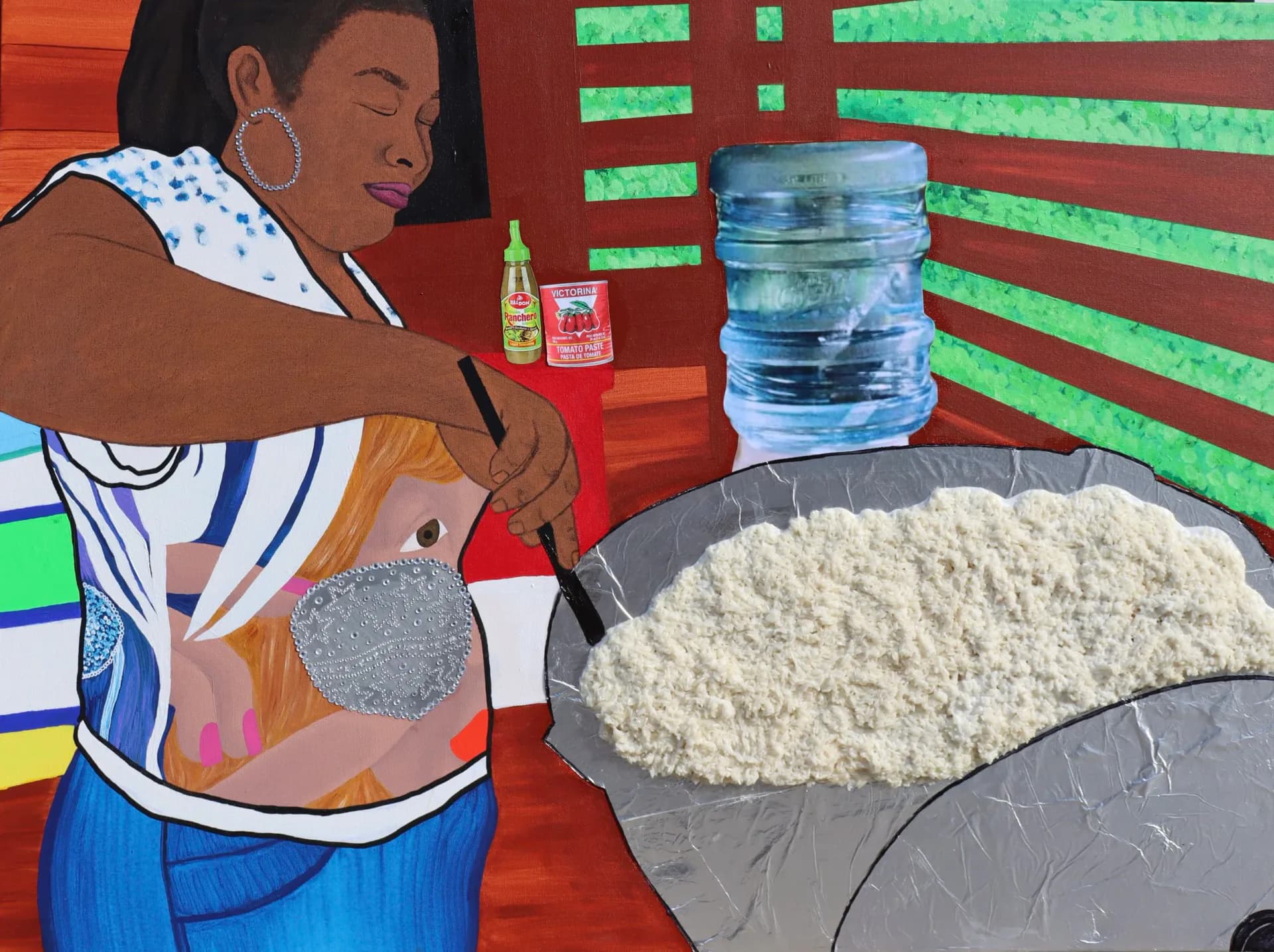 Mixed-media painting of a woman in a colorful patterned shirt preparing food at a table with a bowl of flour and water bottles against a vibrant red and green geometric background.