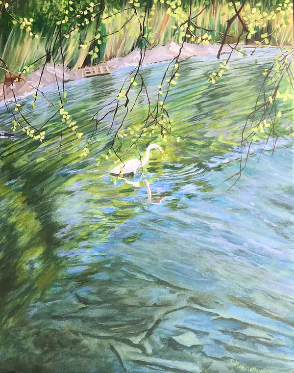 Multi-panel installation of tree branch paintings with iridescent mosaic-like texture arranged on a gallery wall