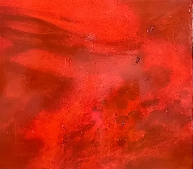 Abstract painting dominated by vivid red and scarlet tones with gestural brushstrokes and varying opacity, creating atmospheric depth.