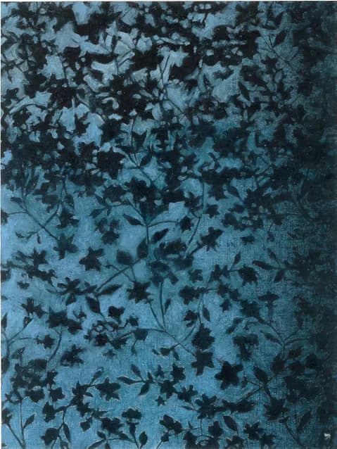 Dark teal painting with dense floral silhouettes on blue ground