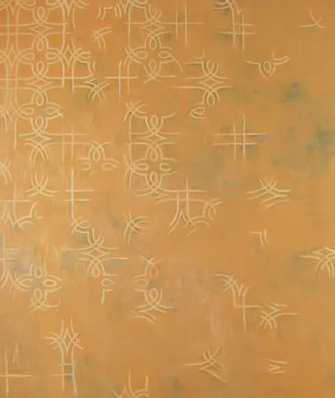 Golden ochre painting with abstract symbolic line patterns