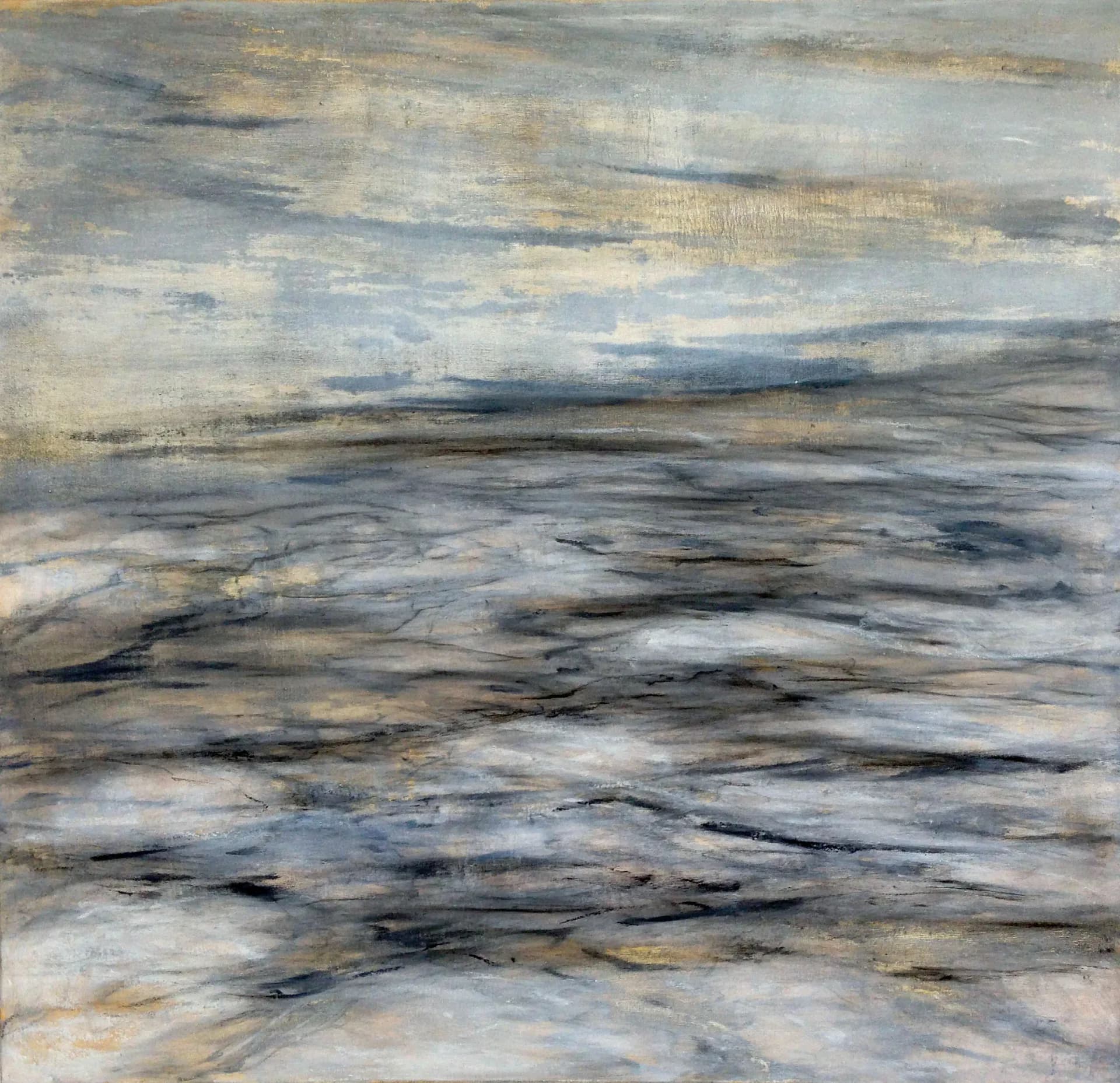 Abstract coastal painting with warm gold and blue-grey tones evocative of sea and sky