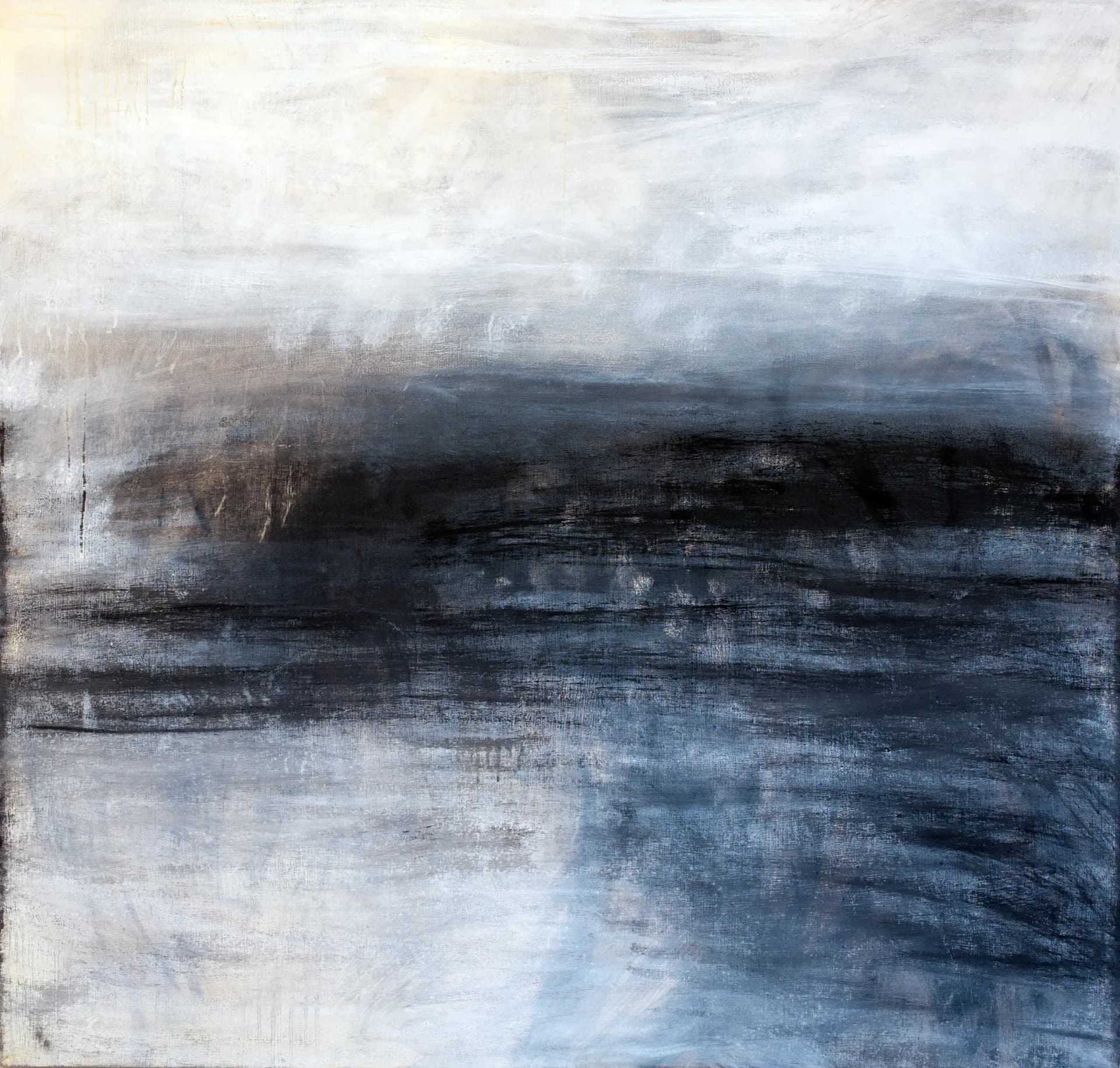 Abstract seascape with dark atmospheric waterfall-like vertical strokes over grey and black ground