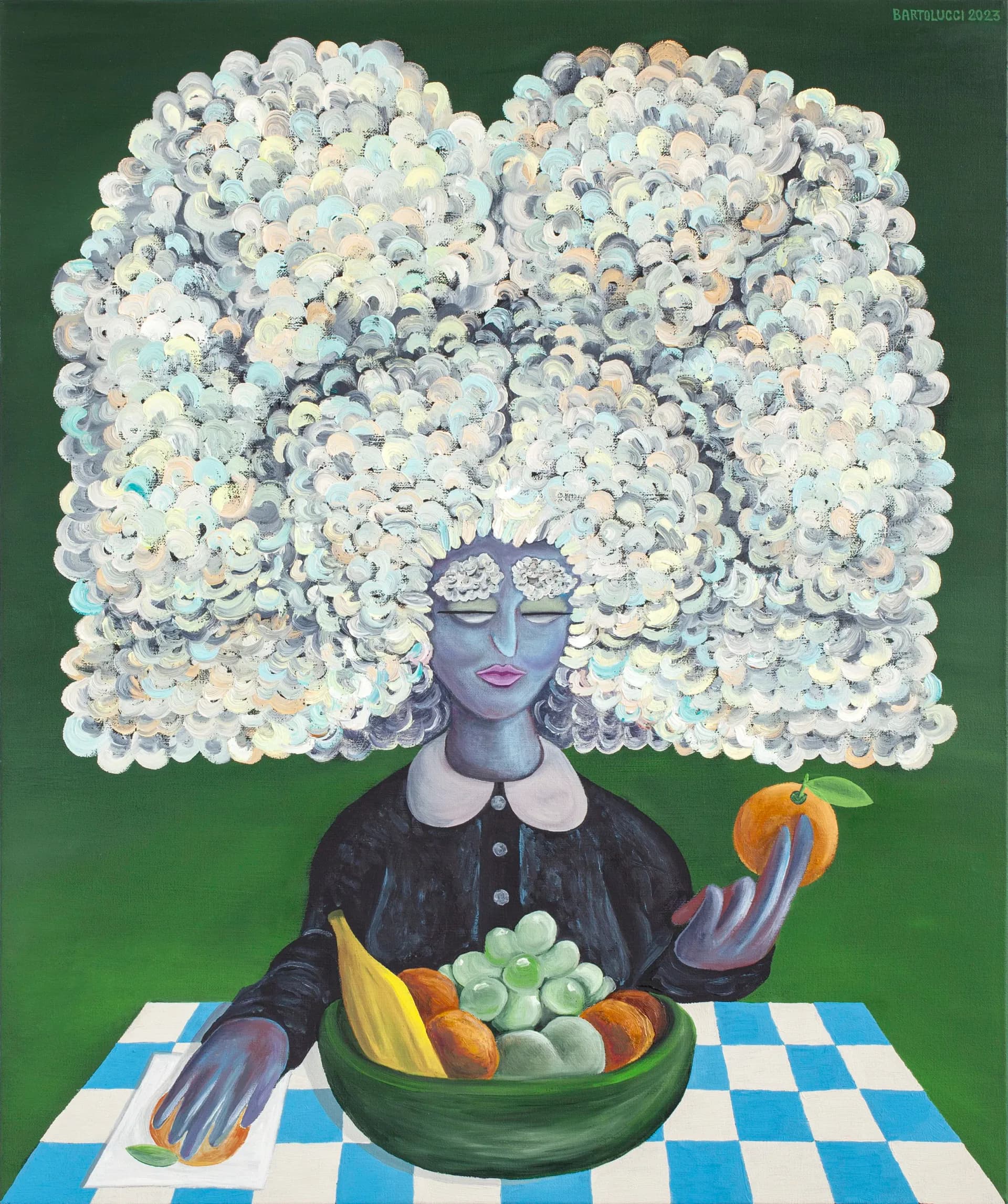 Surrealist figure with massive cloud-like hair holding fruit at a checkered table against green background