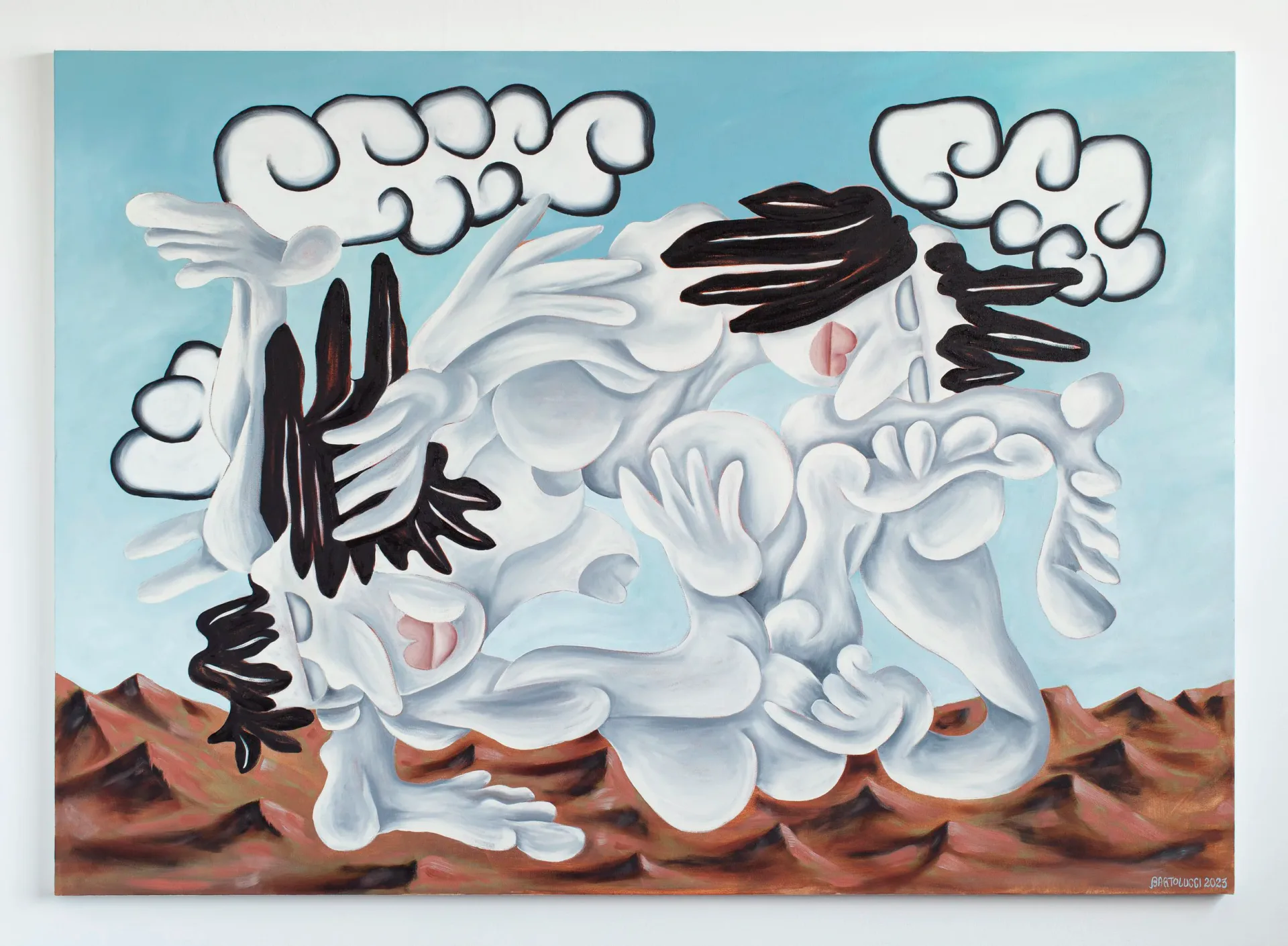 Large surrealist painting of cloud-like white figures wrestling over a desert landscape