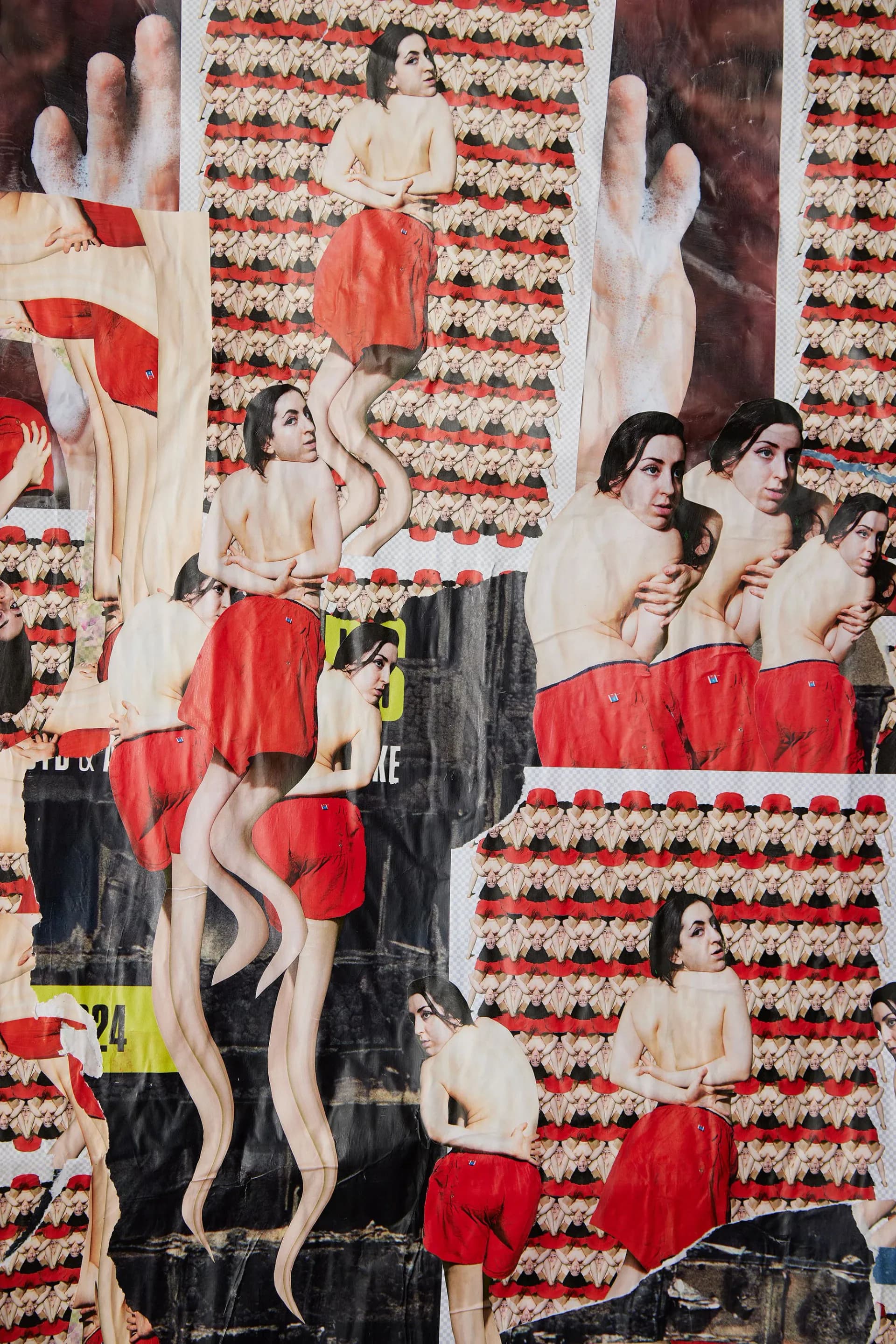 Close-up detail of collage with green alien-masked figures, nude bodies, and colorful tie-dye patterns