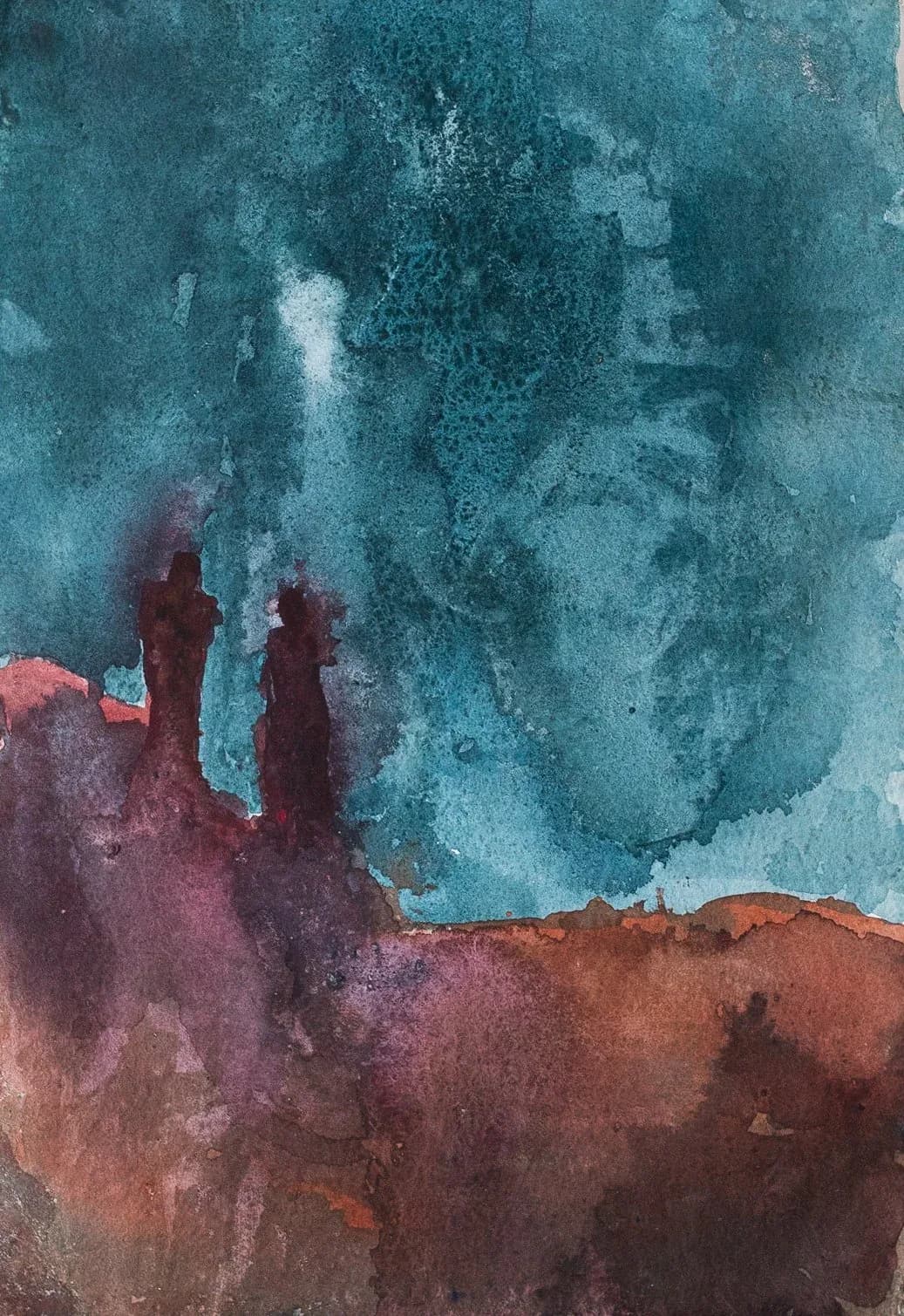 Abstract watercolor with teal sky and dark burgundy earth tones with shadowy figures