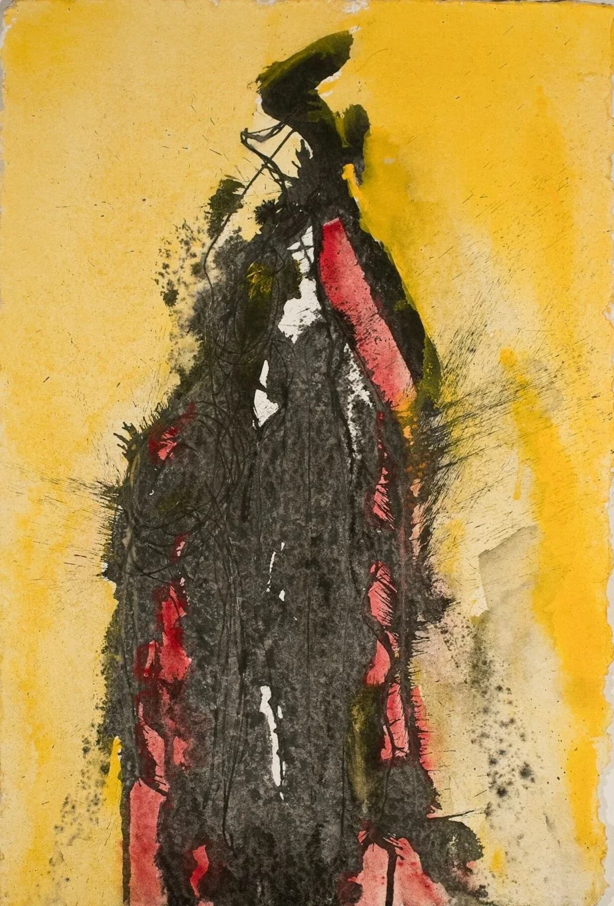 Abstract watercolor with a dark central figure-like form against a vibrant yellow ground with red accents