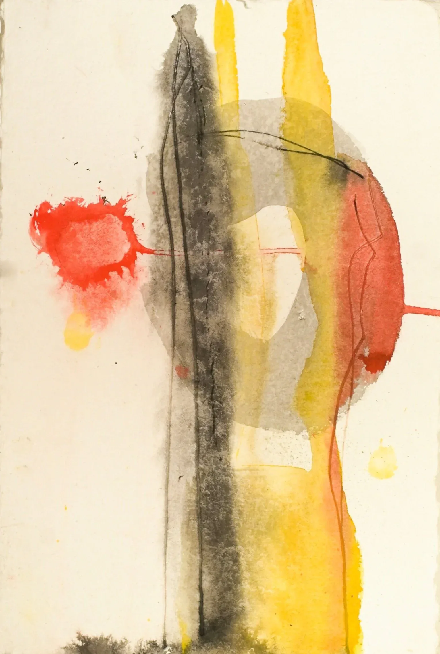 Abstract watercolor with oval form in red and yellow surrounded by dark grey wash