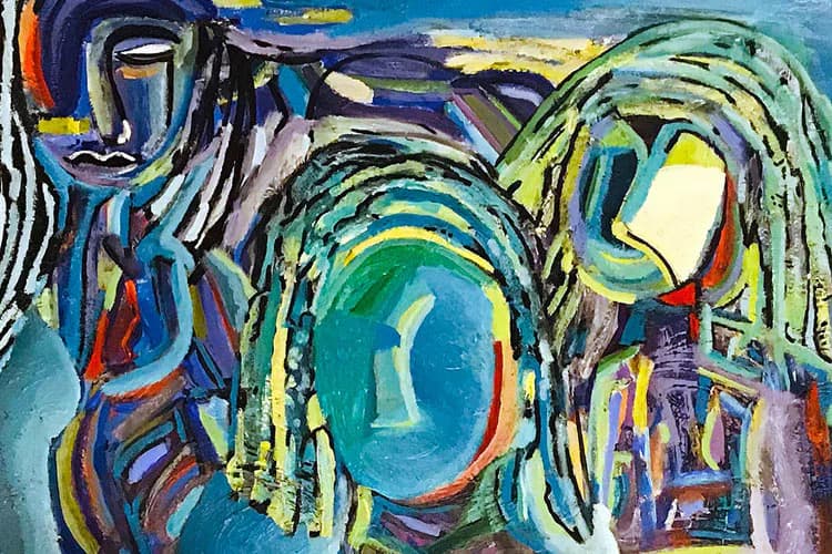 Abstract expressionist painting with bold curved lines in blue, green, yellow, and white surrounding a central teal oval form.