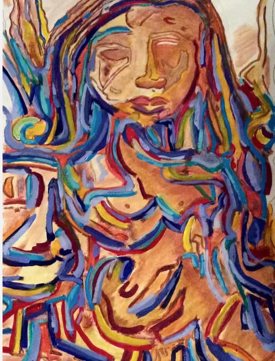 Expressionist portrait of a face with flowing hair rendered in vibrant multi-colored lines of blue, yellow, red, and orange.