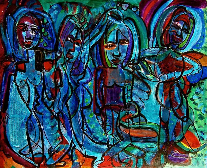 Mixed-media painting with four abstracted figures rendered in bold blue outlines on a colorful background of red, green, and orange.