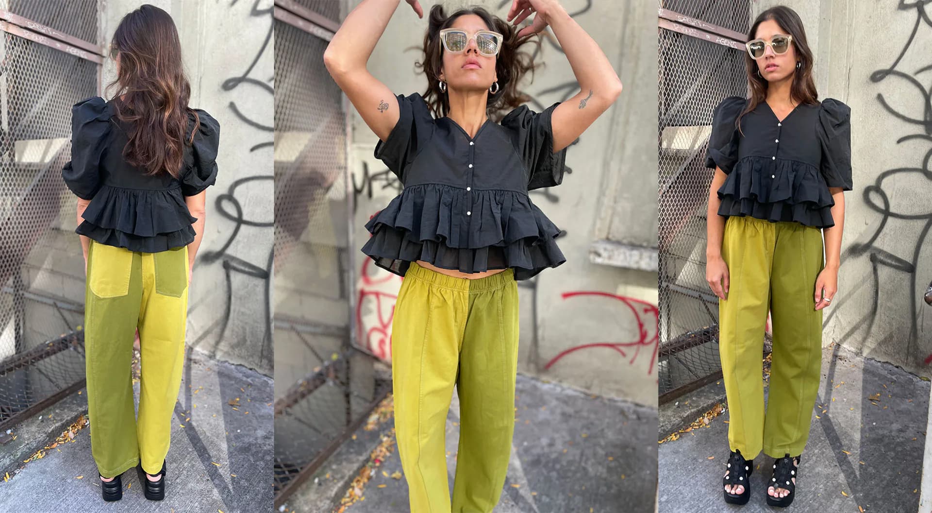 Three street-style photos showing different ways to style a black ruffled crop top with bright yellow-green cotton pants.