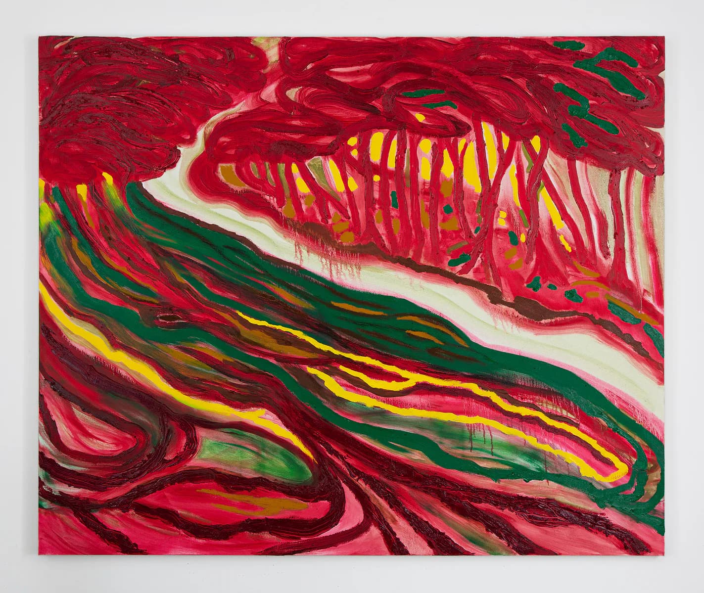 Large abstract landscape painting in deep reds and greens with swirling organic forms