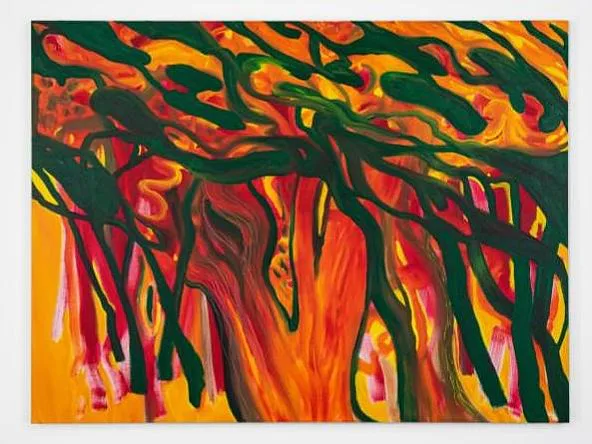 Expressive painting of trees with orange, red, and green flame-like foliage against a golden background
