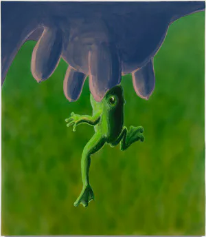 Digital painting of a bright green cartoon creature with an upside-down perspective, reaching upward against a gradient green background.