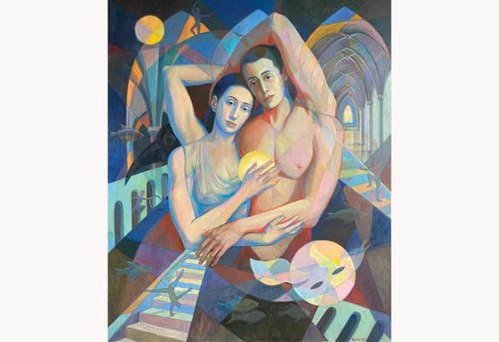 Two figures embracing in a cubist architectural setting with geometric light and a theatrical mask