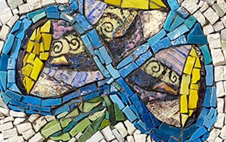 Two reclining nude figures with a black cat in a luminous geometric interior