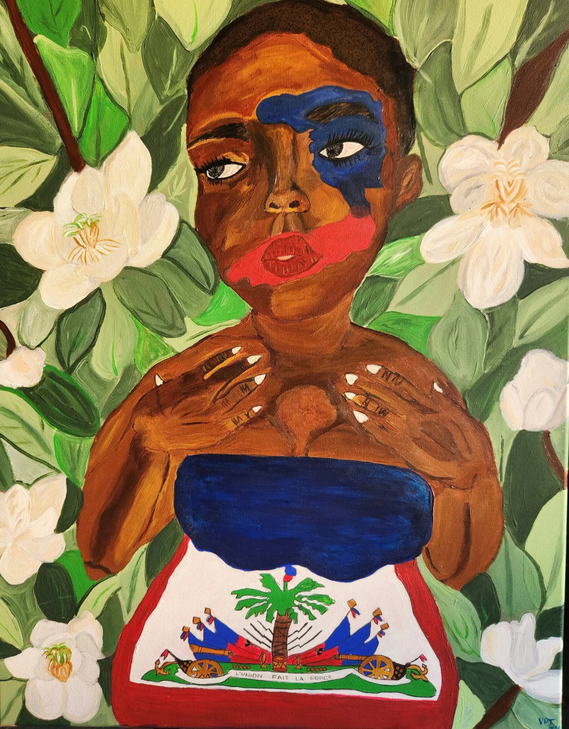 Figure with Haitian flag face paint surrounded by white flowers and tropical foliage