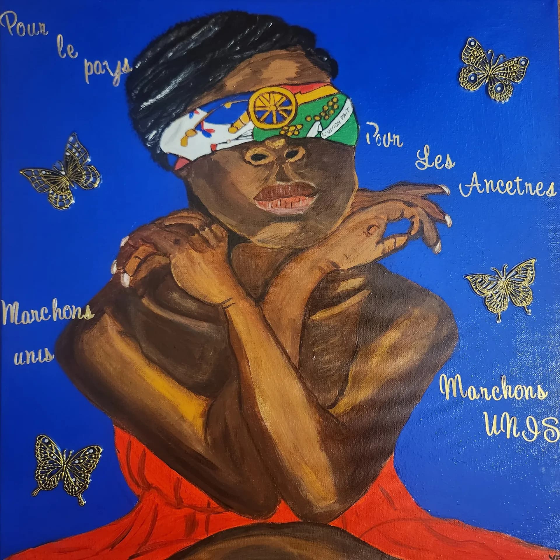 Figure with Haitian flag blindfold, crossed arms, gold butterfly embellishments and French text on blue background