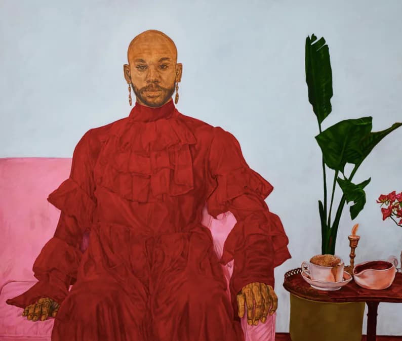 Figurative oil painting of a person in a red ruffled dress seated in a pink chair with a plant and table