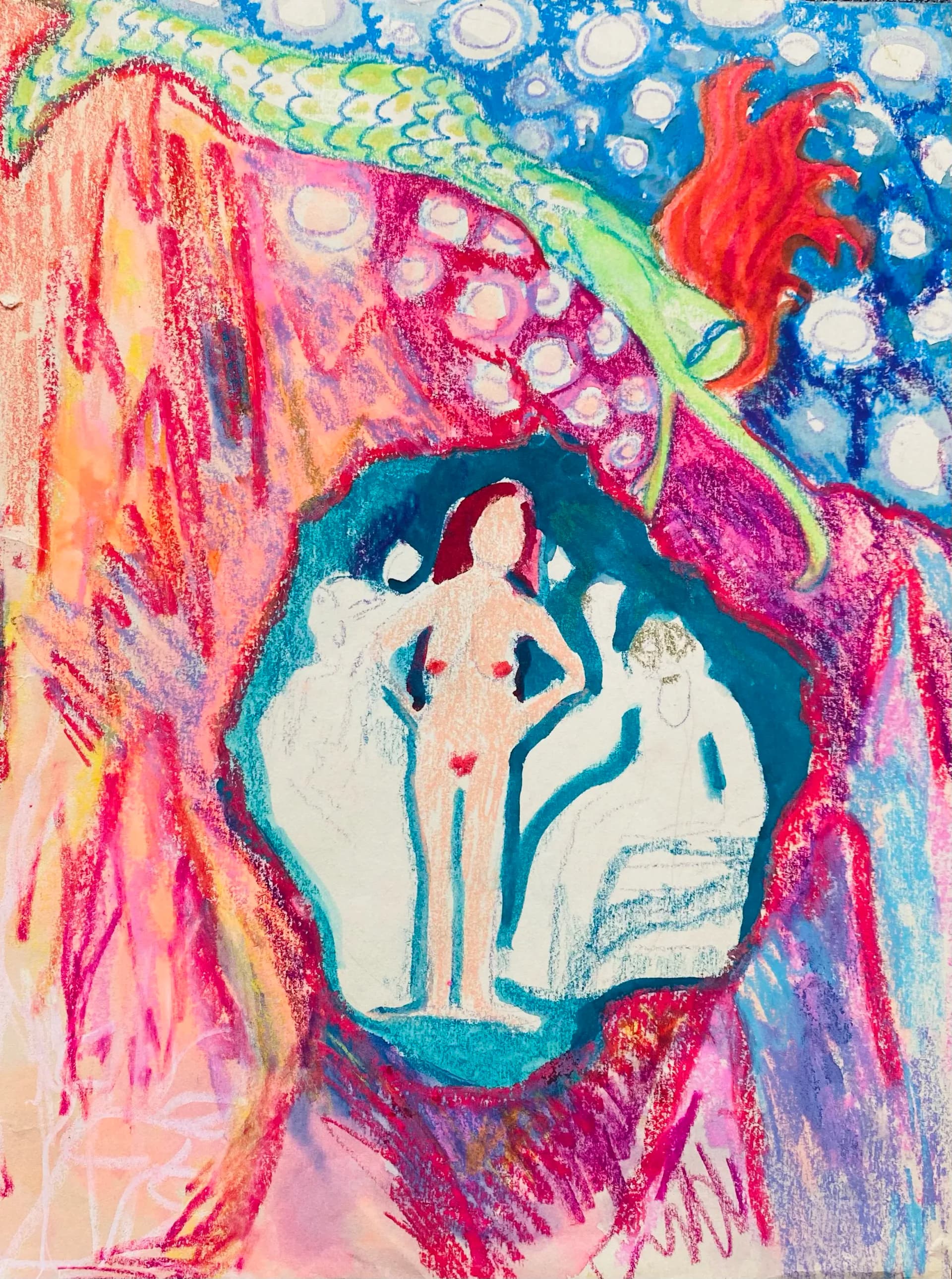 Colorful figure with croquet mallets on checkered ground, mixed media artwork