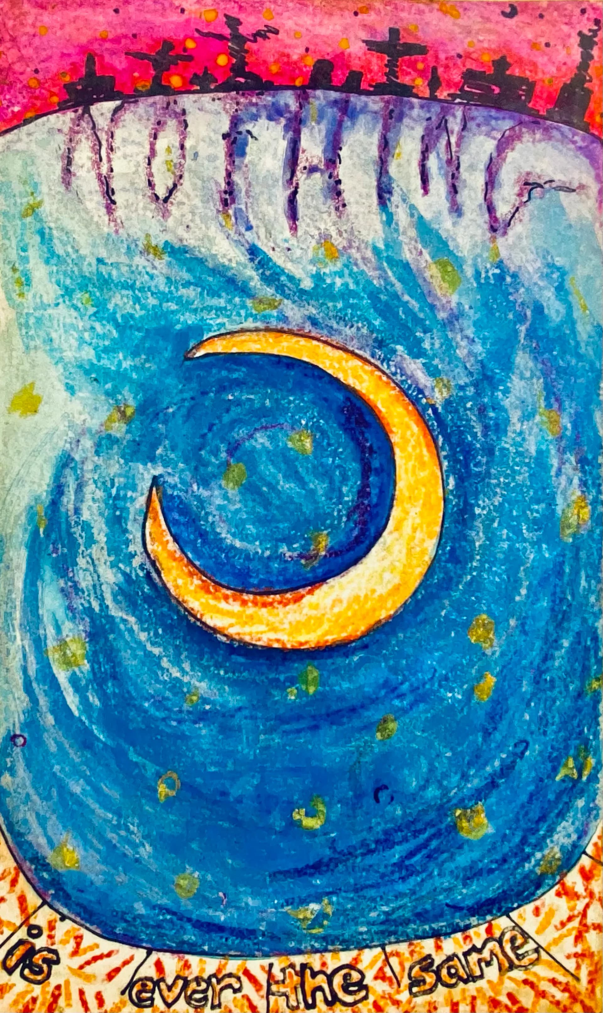 Crescent moon swirling in blue with city skyline and text 'Nothing is ever the same'