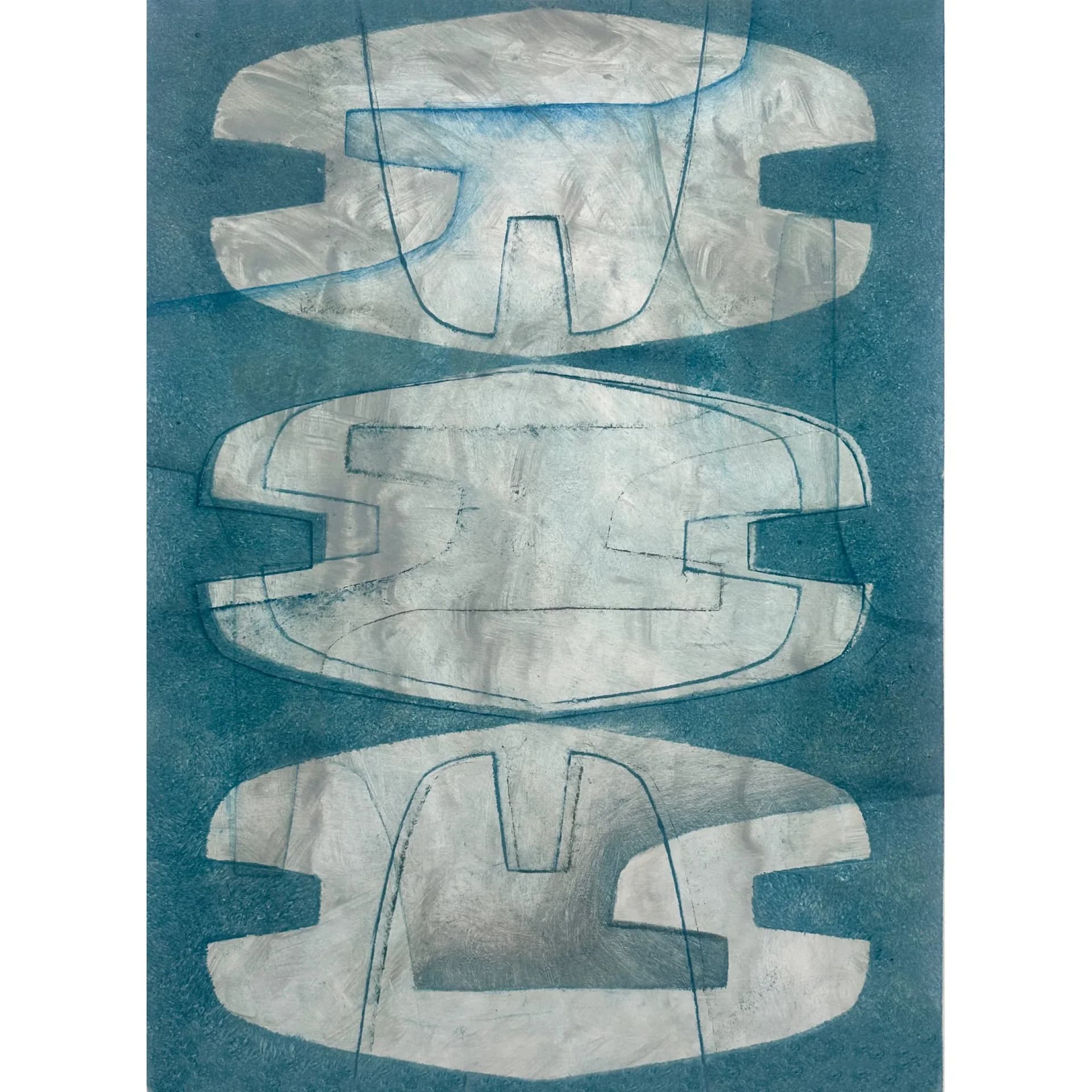 Abstract monoprint with stacked oval and shield forms in teal blue on white ground