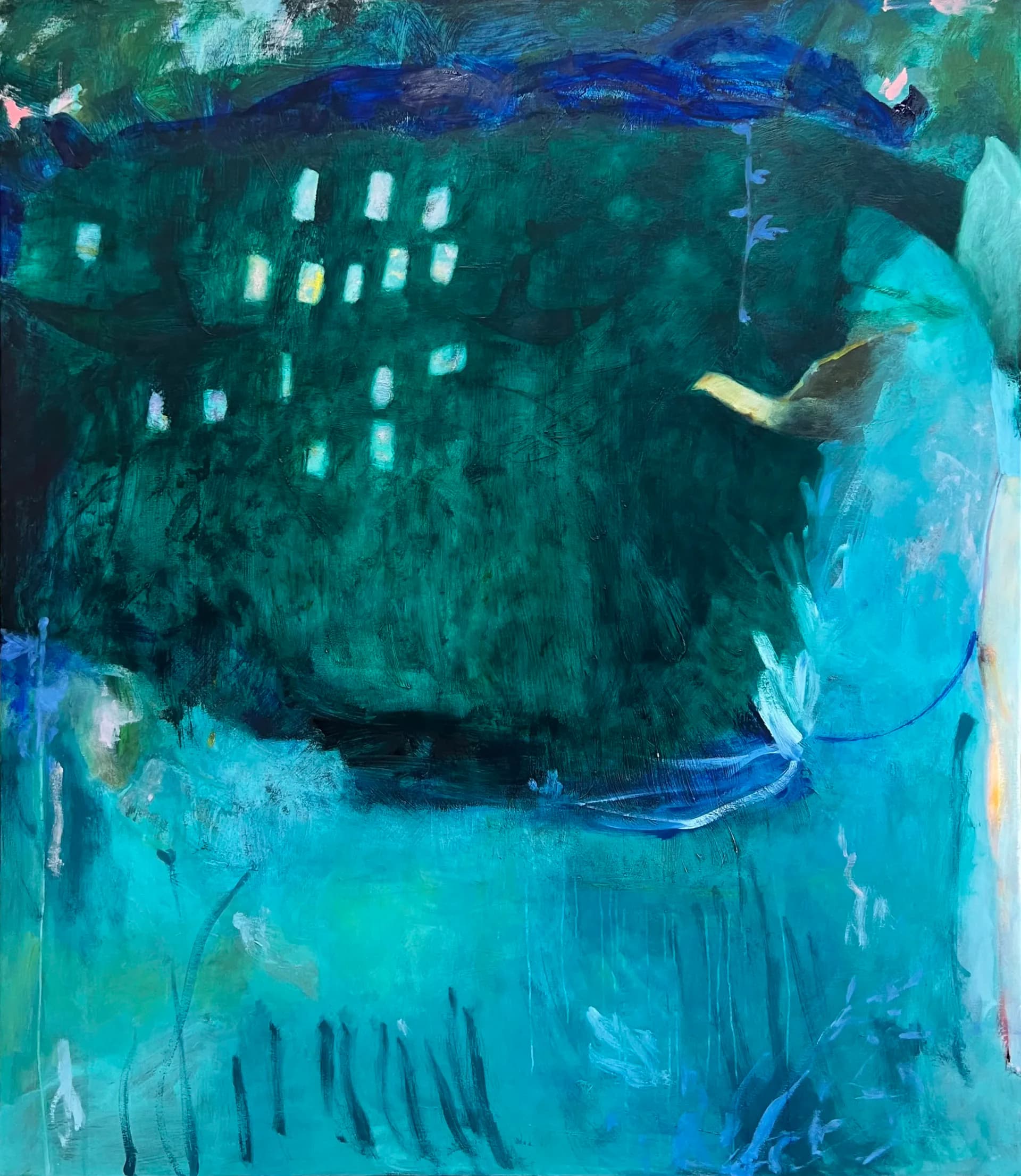 Abstract painting with deep teal and turquoise tones suggesting a building with illuminated windows at night