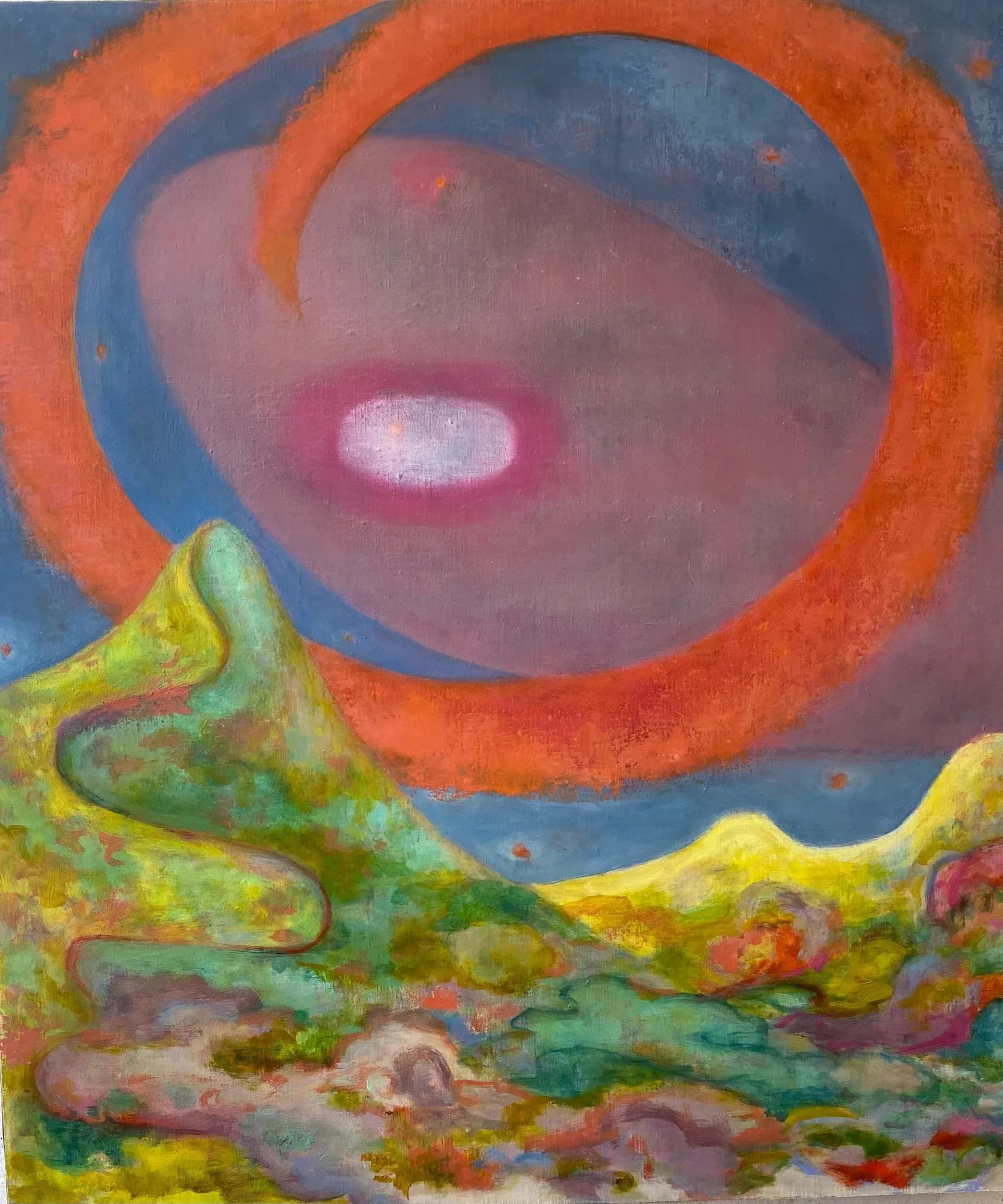 Abstract cosmic landscape with large orange ring encircling a glowing orb above a colorful green and yellow terrain