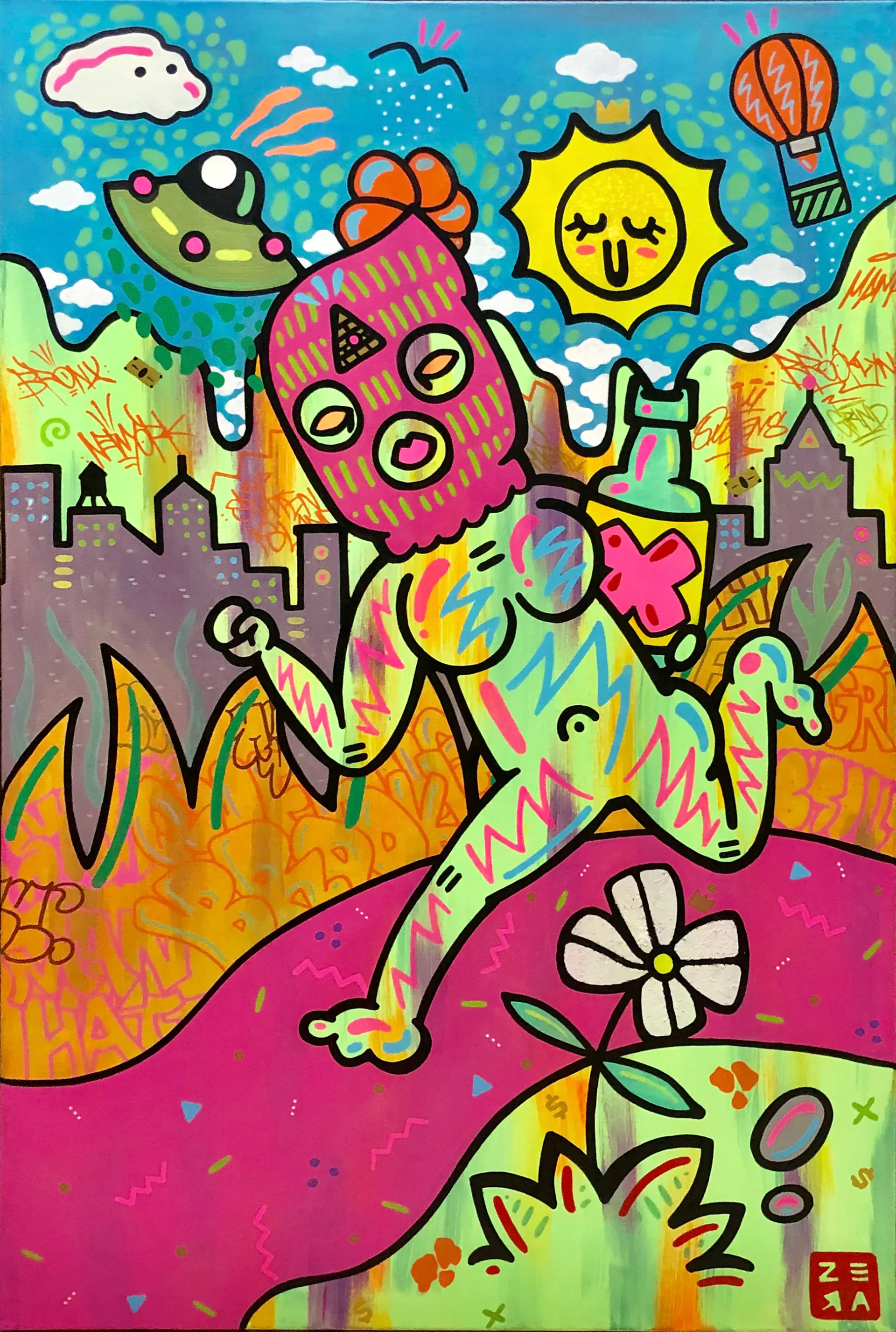 Colorful pop-art painting of a masked figure running through a psychedelic cityscape with UFO, sun, and graffiti elements