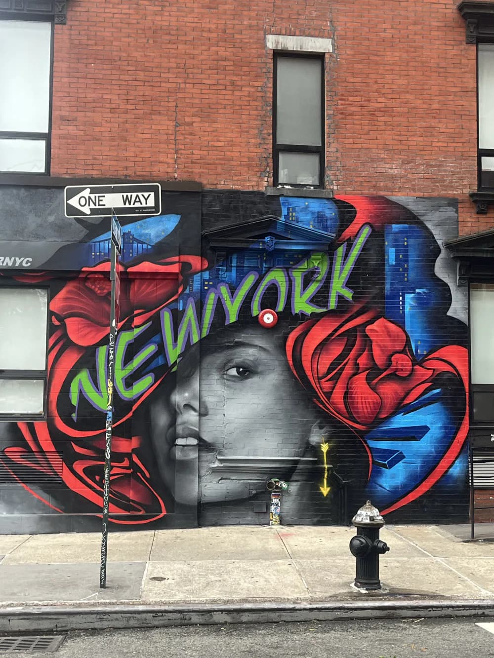 Large-scale mural on brick featuring grayscale female portrait surrounded by bold red, blue, and green abstract letterforms spelling 'NEW YORK'.