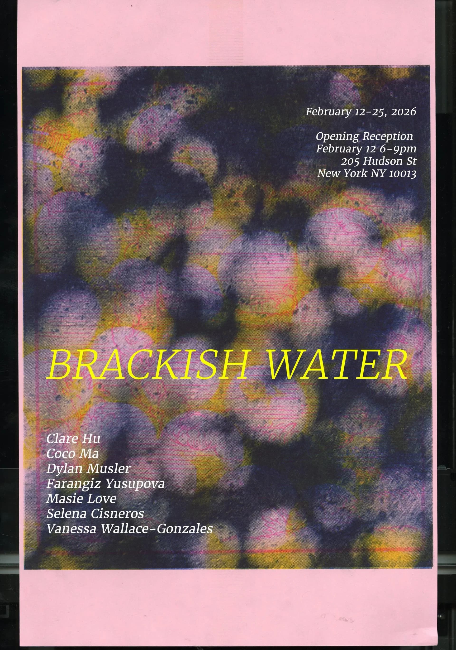 Exhibition flyer for 'Brackish Water' at 205 Hudson Gallery, February 12–25, 2026, with textured abstract imagery in purple, pink, and yellow tones and list of seven artists.