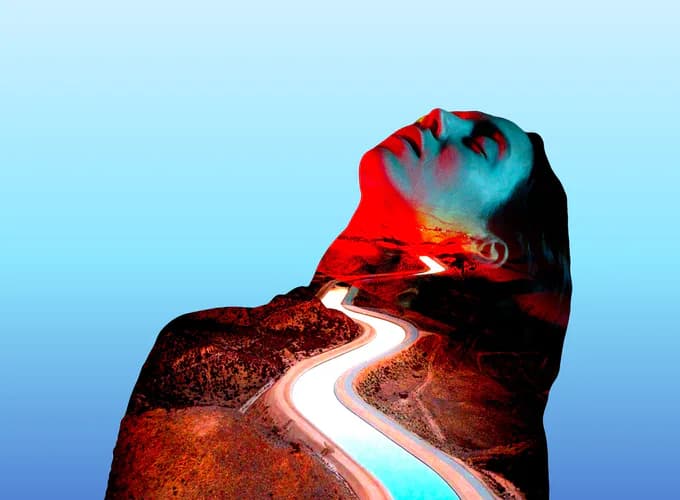 Double-exposure artwork combining a human head silhouette in red and turquoise with a landscape of glowing white paths across rust-colored terrain.