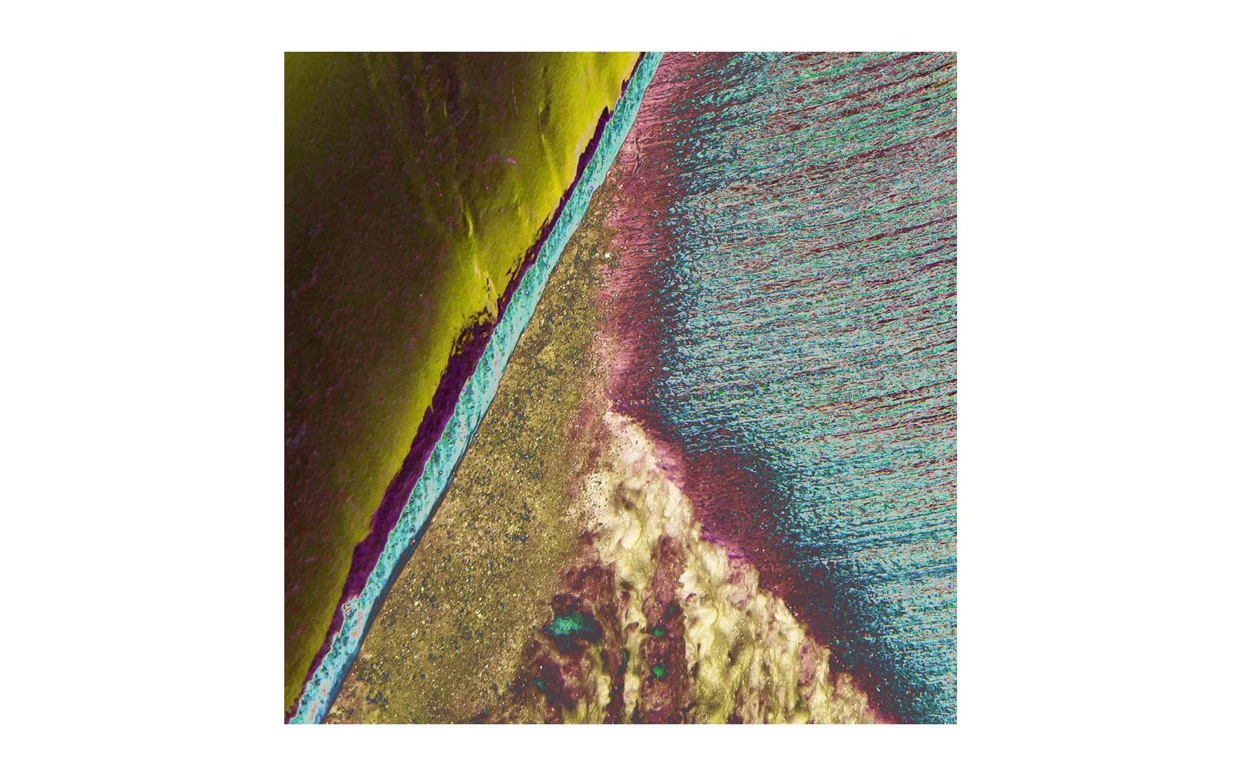 Aerial abstract painting with vibrant yellow, blue, teal, and burgundy bands intersecting over textured earth tones.