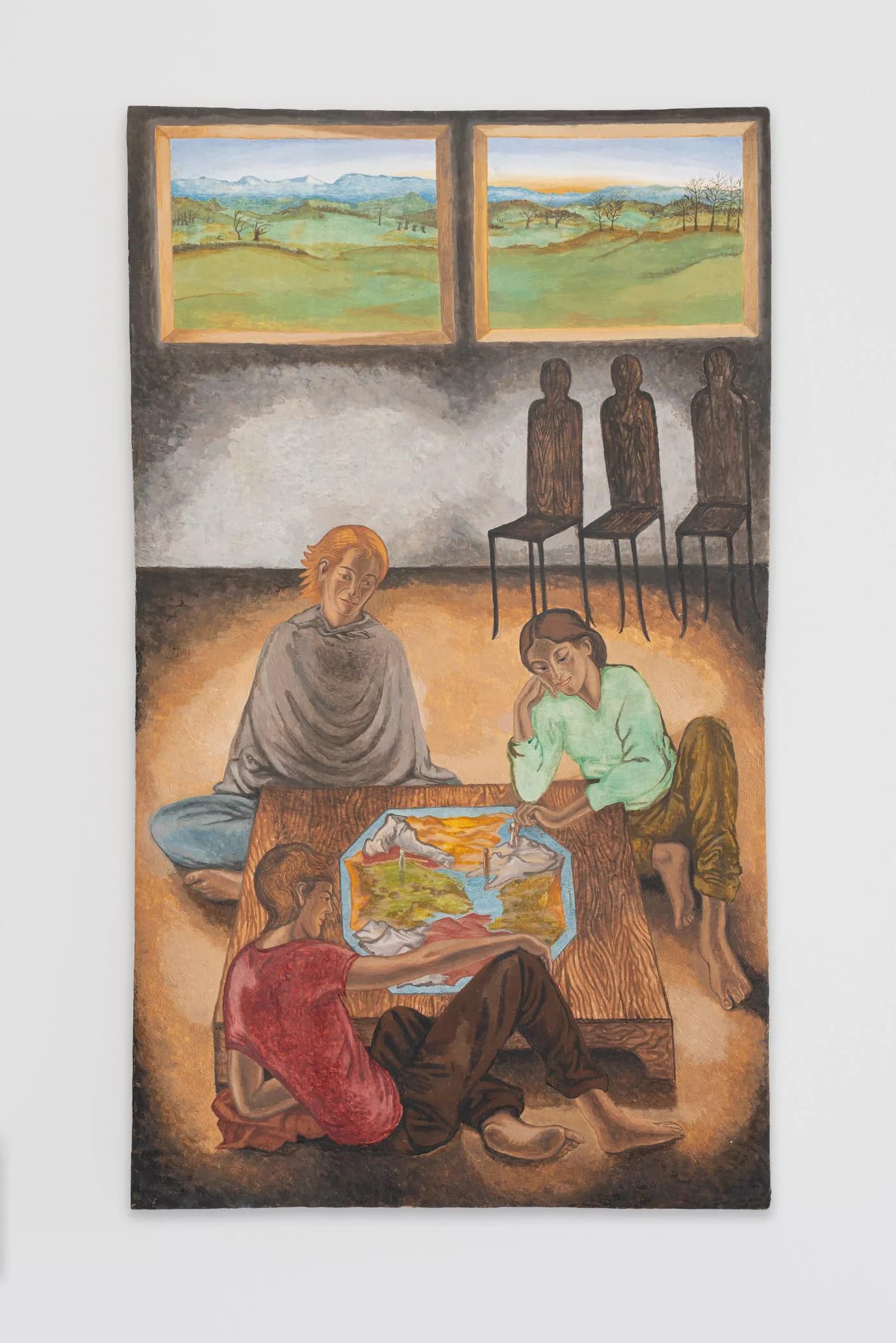 Mixed-media artwork depicting three figures around a table with a map, seated beneath three empty chairs and two windows showing pastoral landscapes above.