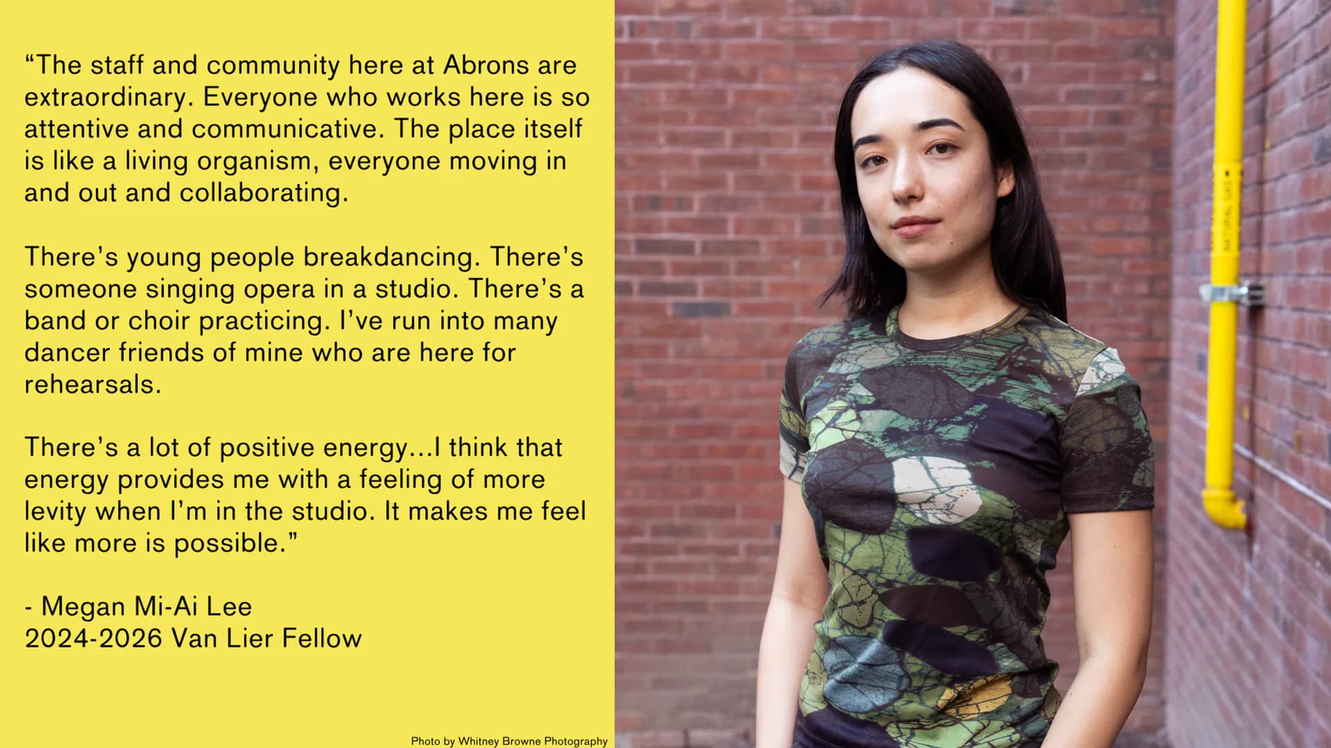 Portrait of Megan Mi-Ai Lee, 2024-2026 Van Lier Fellow, wearing dark clothing against a yellow background with testimonial text.