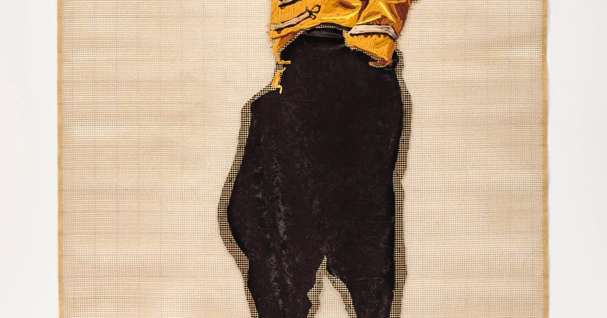 Mixed-media textile work featuring a dark velvet silhouette of a crouching figure with golden fabric detail at top on cream background.