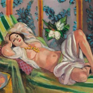 Reclining figure painting with peach skin tones against patterned background with blue and green flora in expressionist style.