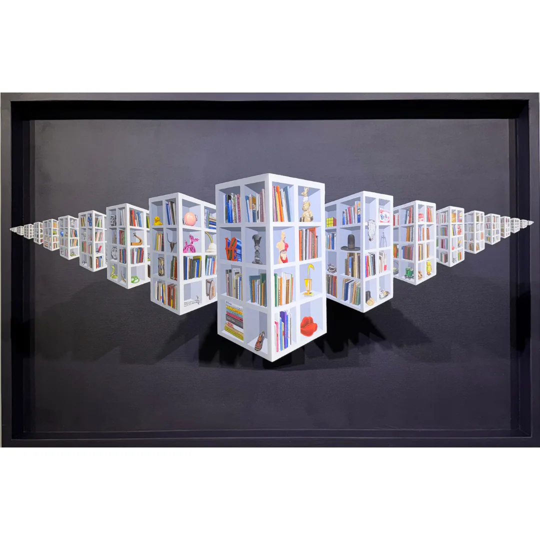 White bookshelf units arranged in a symmetrical wing formation against dark background, filled with colorful books and objects.
