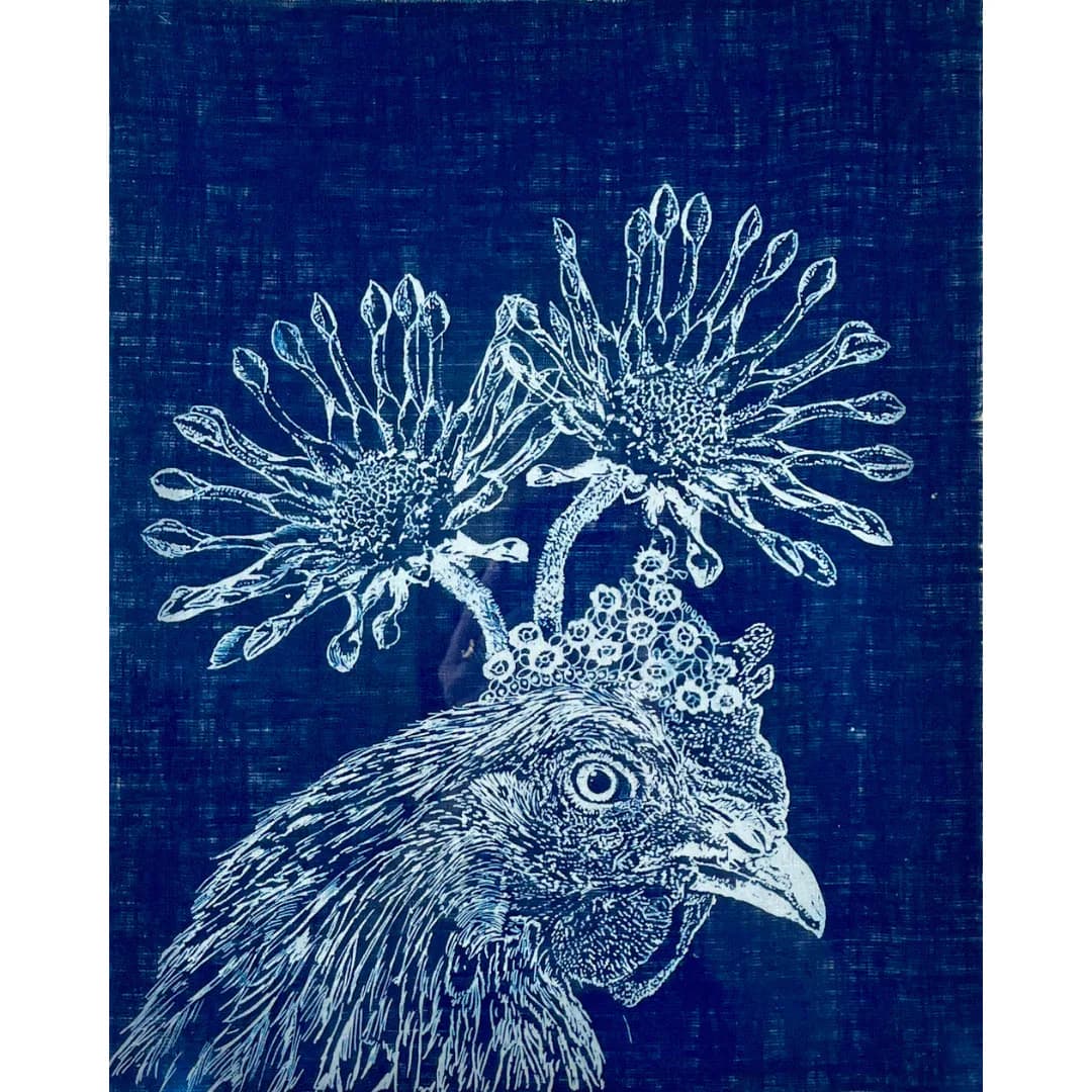 White-line etching of an ornate peacock head with elaborate crown-like feathers on deep blue textured background.