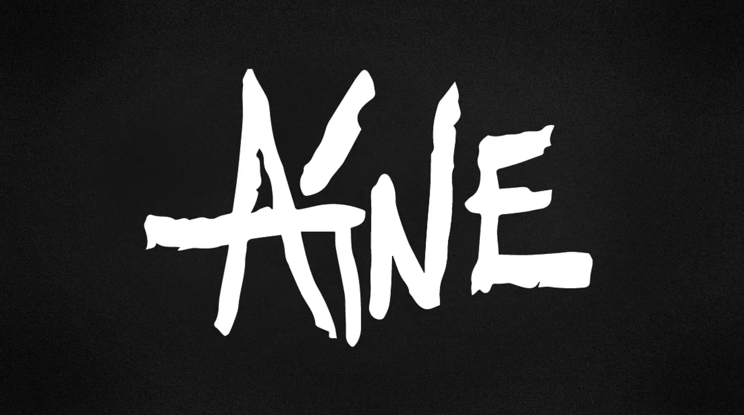White hand-drawn letters spelling "AINE" with rough, sketch-like strokes on black background.